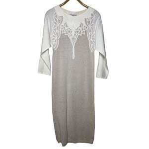 Vintage Nancy Johnson Knits Size Small Cream Sweater Dress Battenburg Lace Trim